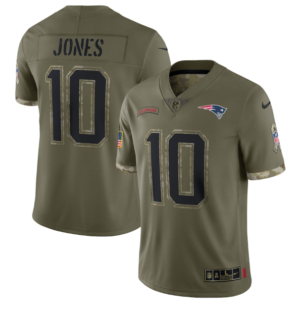 Men's New England Patriots #10 Mac Jones Olive 2022 Salute To Service Limited Stitched Jersey